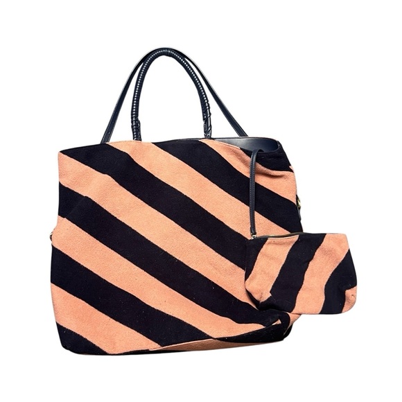 Anthropologie Striped Fuzzy Tote Bag Pouch Combo Pink & Navy Carry On Weekender - Picture 1 of 10